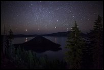 Trees, Wizard Island and lake at night. Crater Lake National Park ( color)
