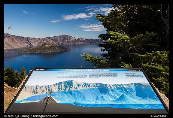 Interpretive sign, Wizard Island and Llao peak. Crater Lake National Park (color)