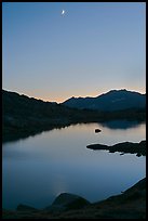 Lake and mountains with moon, Dusy Basin. Kings Canyon National Park, California, USA. (color)