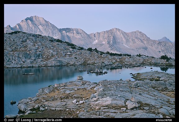 Lake and mountains at dawn, Dusy Basin. Kings Canyon National Park (color)