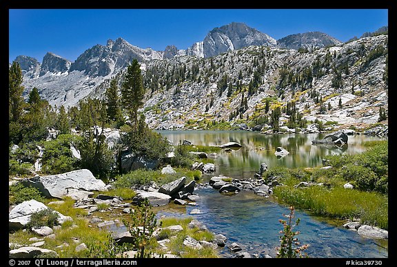 Outlet stream, lake, and mountains, Lower Dusy Basin. Kings Canyon National Park, California, USA.