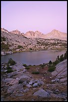 Palissades and Columbine Peak above lake at dusk, Lower Dusy basin. Kings Canyon National Park, California, USA. (color)