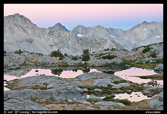 Alpine lakes and mountain range at dawn, Dusy Basin. Kings Canyon National Park (color)