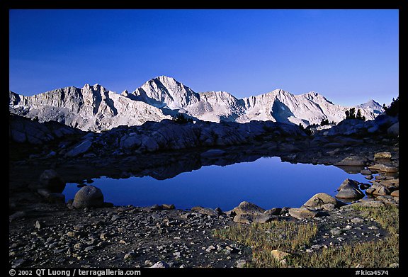 Pond in Dusy Basin and Mt Giraud, early morning. Kings Canyon National Park, California, USA.