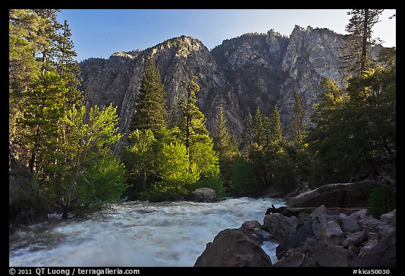 Rushing river and trees, and cliff in spring. Kings Canyon National Park, California, USA.