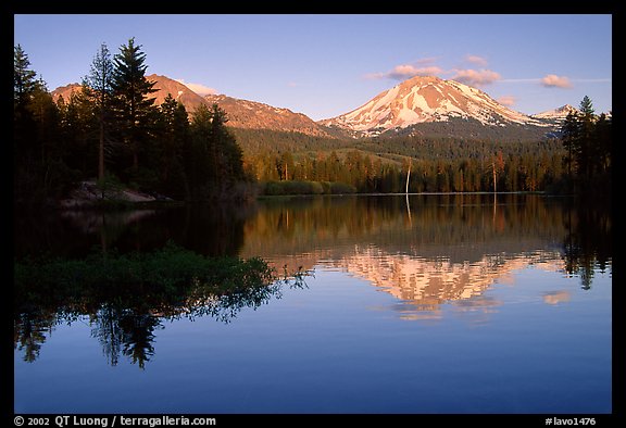 Manzanita lake and Mount Lassen in early summer, sunset. Lassen Volcanic National Park (color)