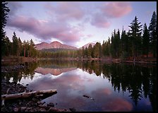 Reflection lake and Chaos Crags, sunset. Lassen Volcanic National Park, California, USA. (color)