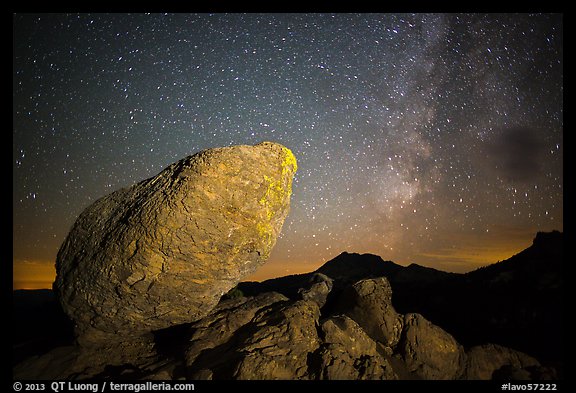 Glacial erratic, Mt Brokeoff, and Milky Way. Lassen Volcanic National Park, California, USA.