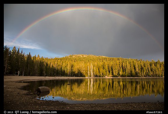 Stormy sky and rainbow, Juniper Lake. Lassen Volcanic National Park, California, USA.