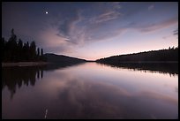 Moon and reflection, Juniper Lake. Lassen Volcanic National Park, California, USA.