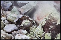 Rocks with sulphur deposits and steam vent. Lassen Volcanic National Park, California, USA.
