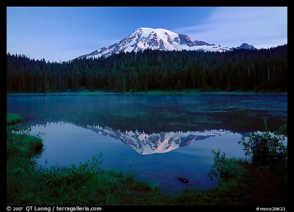 Mount Rainier reflected in lake at dawn. Mount Rainier National Park, Washington, USA.