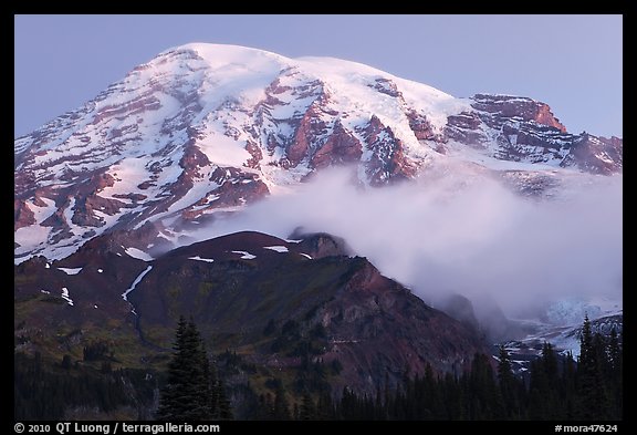 Mount Rainier and fog at dawn. Mount Rainier National Park, Washington, USA.