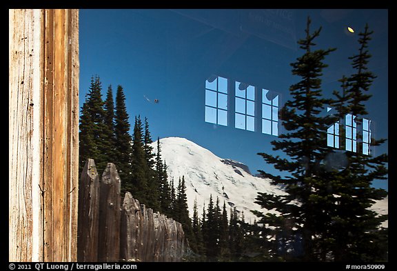 Mt Rainier, Sunrise Visitor Center window reflexion. Mount Rainier National Park, Washington, USA.