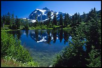 Mount Shuksan and Picture lake, mid-day. North Cascades National Park, Washington, USA.