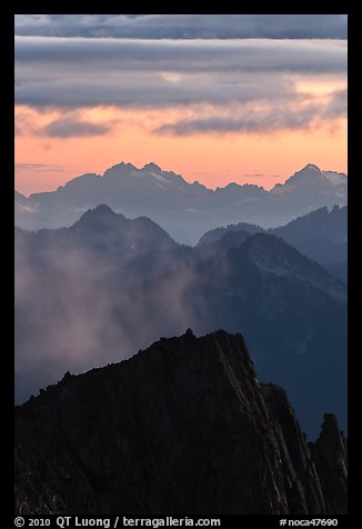 Jagged mountain ridges at sunset, North Cascades National Park.  (color)