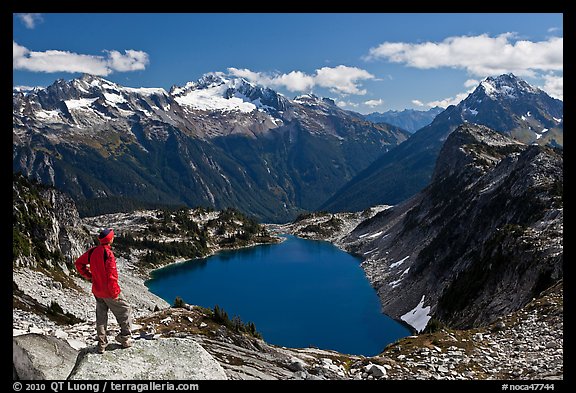Visitor looking, Hidden Lake, North Cascades National Park.  (color)