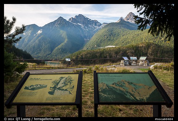 North Cascades Mountains interpretive signs, Lake Diablo overlook, North Cascades National Park Service Complex. Washington, USA.