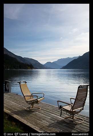 Two chairs on the shore of Lake Chelan, Stehekin, North Cascades National Park Service Complex.  (color)
