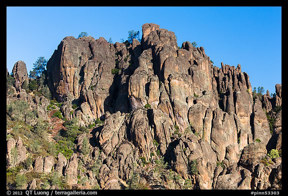 Volcanic rocks form spires and crags. Pinnacles National Park, California, USA.