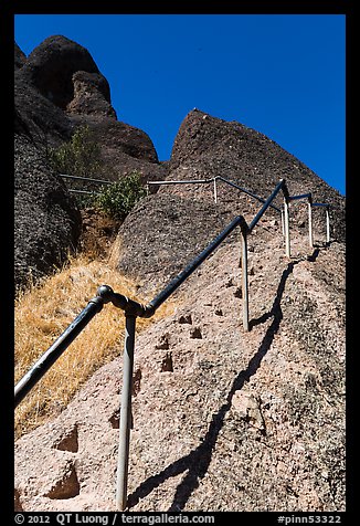 High Peaks trails with stairs carved in stone. Pinnacles National Park, California, USA.