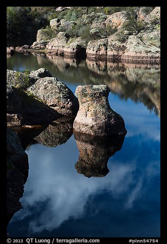 Rocks and reflections, Bear Gulch Reservoir. Pinnacles National Park, California, USA.