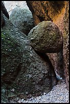 Boulder wedged in slot, Balconies Caves. Pinnacles National Park, California, USA. (color)