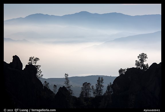 Silhouetted pinnacles and trees, mountains and valley fog. Pinnacles National Park (color)
