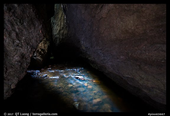 Light on stream in dark cave. Pinnacles National Park (color)