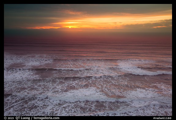 Elevated view of waves and sunset. Redwood National Park, California, USA.