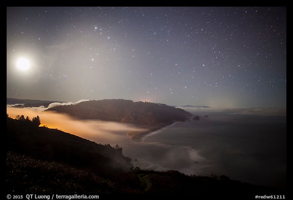 Mouth of Klamath River and moon at night. Redwood National Park (color)