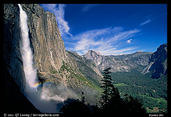 Upper Yosemite Falls with rainbow at base, early afternoon. Yosemite National Park, California, USA.