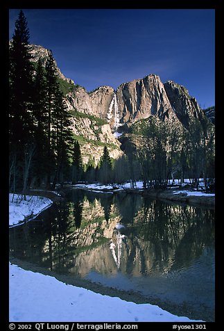 Merced River and Yosemite Falls from Swinging Bridge, winter morning. Yosemite National Park (color)