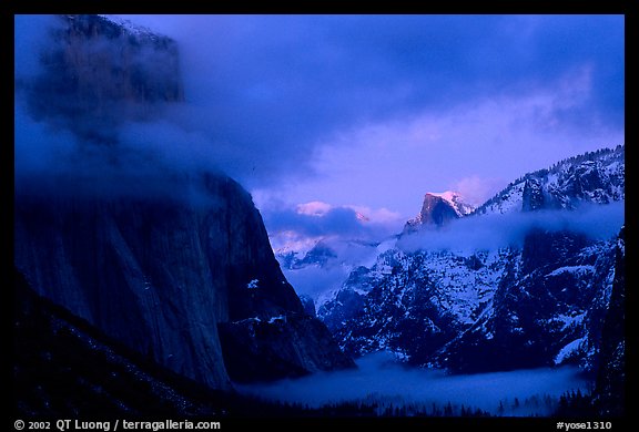 Yosemite Valley with fog, winter sunset. Yosemite National Park (color)