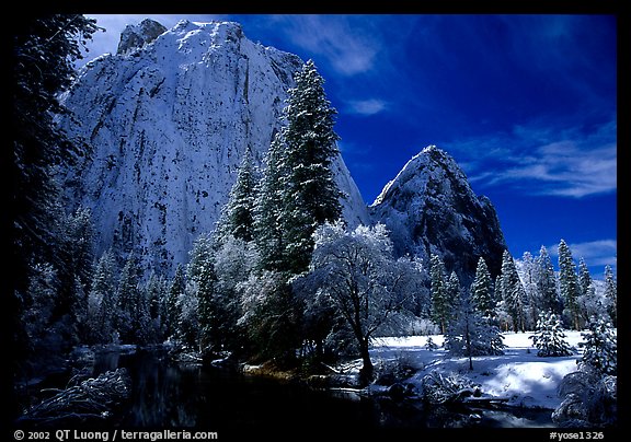 Cathedral rocks with fresh snow, early morning. Yosemite National Park, California, USA.