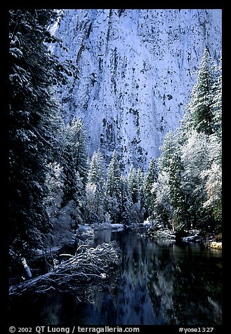 Cathedral rocks with fresh snow reflected in Merced River, early morning. Yosemite National Park (color)