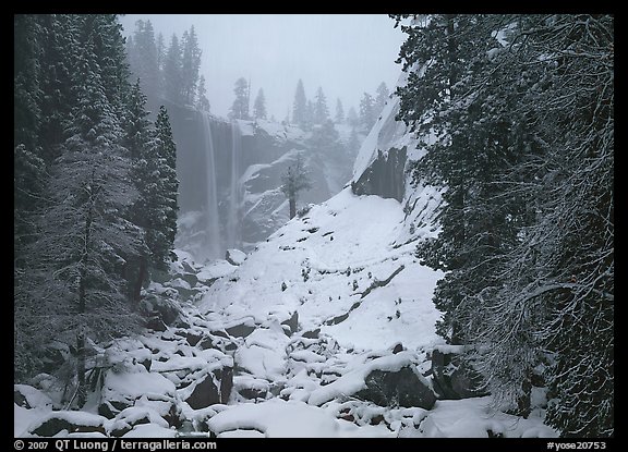 Thin flow of Vernal Fall in winter. Yosemite National Park, California, USA.