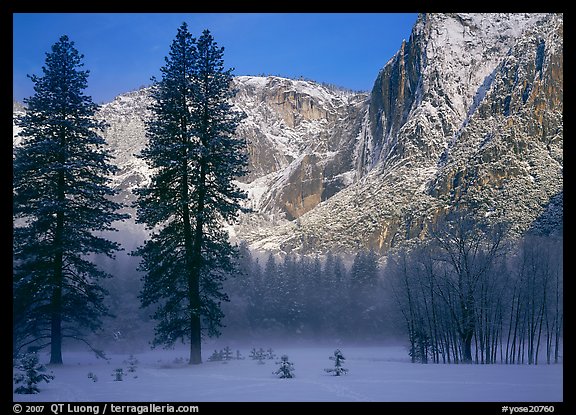 Awhahee Meadow and Yosemite falls wall with snow, early winter morning. Yosemite National Park, California, USA.