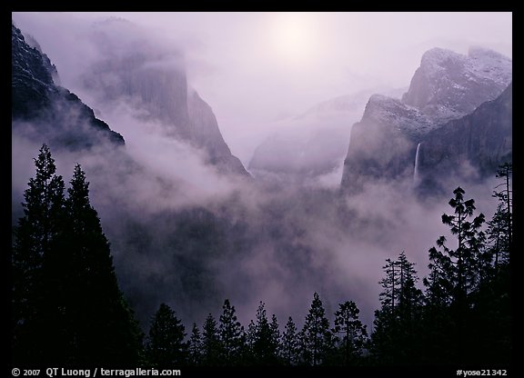 Yosemite Valley from Tunnel View with fog. Yosemite National Park, California, USA.