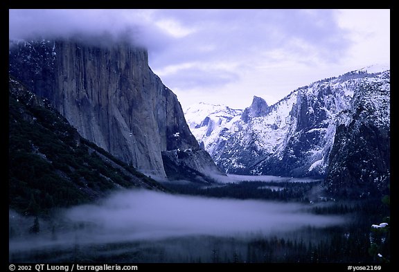 Yosemite Valley from Tunnel View with fog in winter. Yosemite National Park (color)