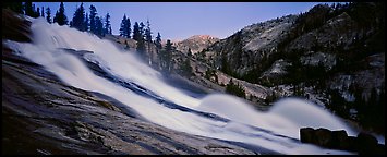 Tuolumne River, waterwheels, and granite slab at dusk. Yosemite National Park (Panoramic color)