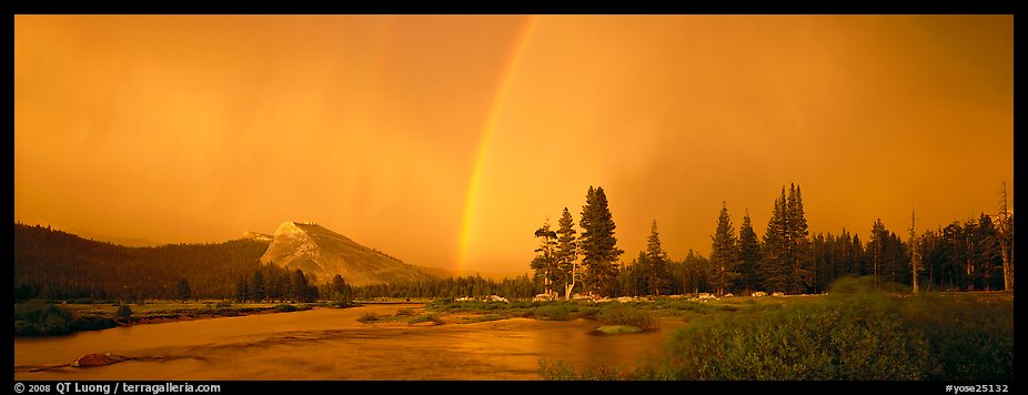 Evening storm with rainbow over Tuolumne Meadows. Yosemite National Park, California, USA.