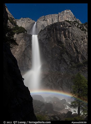 Moon rainbow, Lower and Upper Yosemite Falls. Yosemite National Park, California, USA.