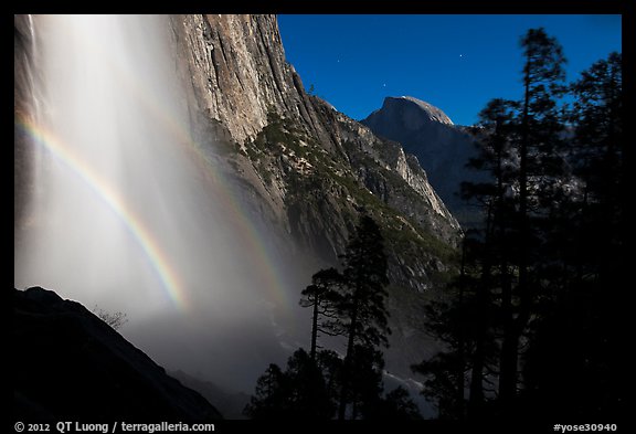 Upper Yosemite Falls with double moonbow and Half-Dome. Yosemite National Park, California, USA.