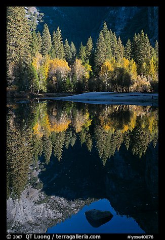 Reflections and rock, Merced River. Yosemite National Park, California, USA.