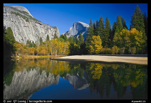 North Dome and Half Dome reflected in Merced River. Yosemite National Park (color)