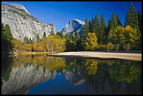 North Dome and Half Dome reflected in Merced River. Yosemite National Park, California, USA. (color)