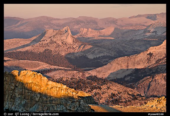 Cathedral Peak in the distance at sunset. Yosemite National Park, California, USA.