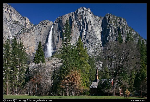 Yosemite Falls and Yosemite Chapel in spring. Yosemite National Park, California, USA.