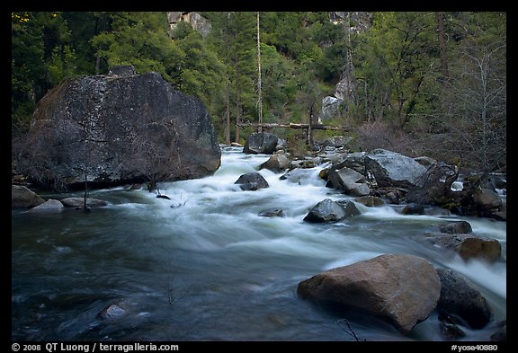 Merced River flowing past huge boulders, Lower Merced Canyon. Yosemite National Park (color)